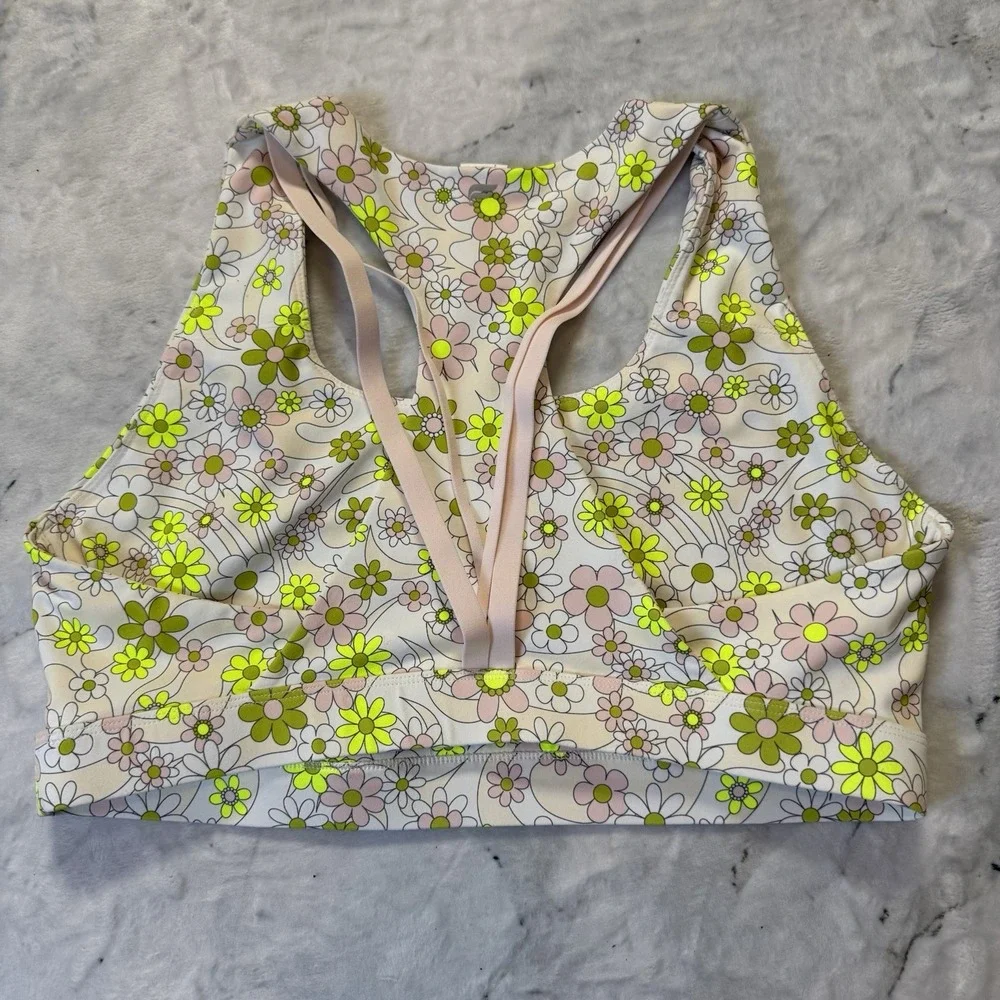 Fabletics Faye Sports Bra Womens Size 1X Green Floral Impact Strappy‎ Racerback